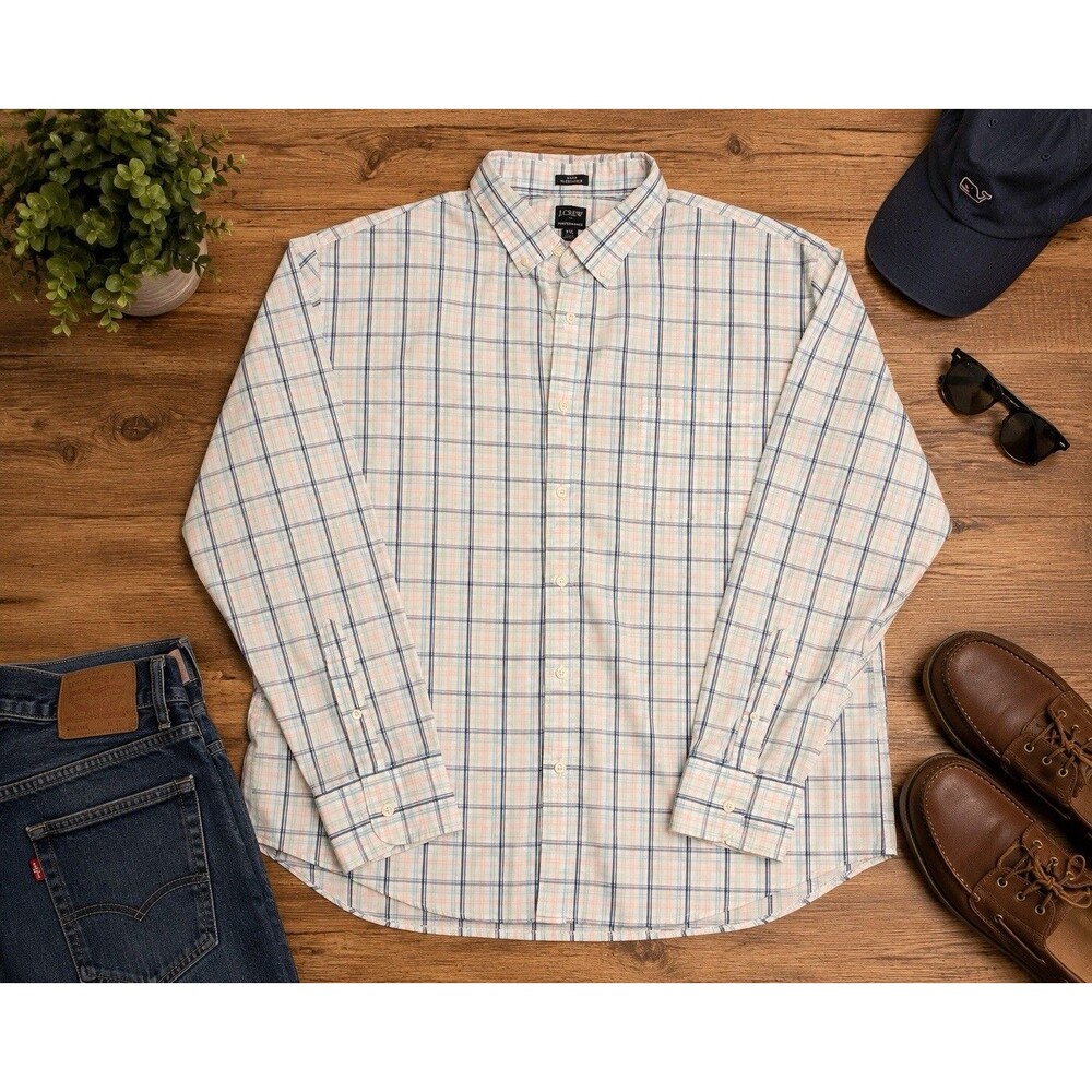 J.Crew Performance Shirt Mens XXL Slim Untucked Plaid Button Down Pastel Cotton
